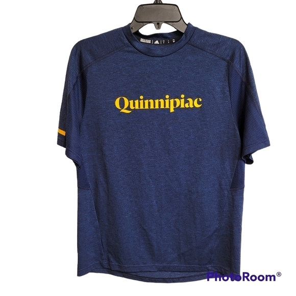 Adidas Navy Blue Yellow Graphic Quinnipiac Short Sleeve Athletic Top Size Small - Picture 1 of 8